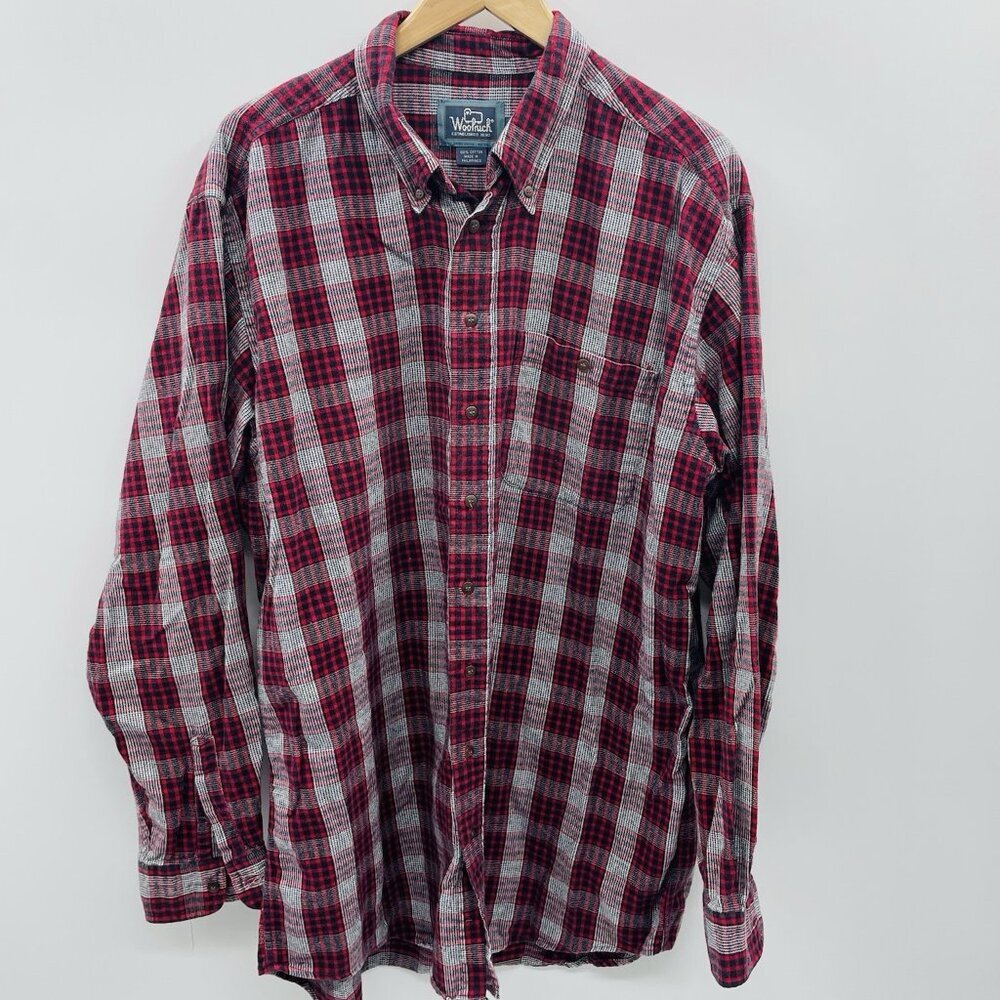 Woolrich Mens XL Long 100% Cotton Flannel Plaid Button Down Shirt in Red/Black‎